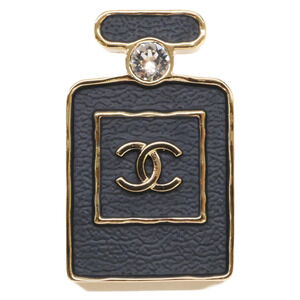 CHANEL B23S Coco Mark Perfume Bottle Motif Rhinestone Brooch, Black Gold Colo...